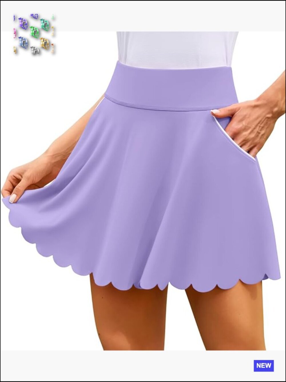 Scalloped Tennis Skort with Built-in Shorts and Pockets High Waist A-Line Skirt